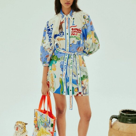 Multicolor Boho Womens Casual Belted Print Single-Breasted Versatile Shirt Dress - Picture 4 of 4